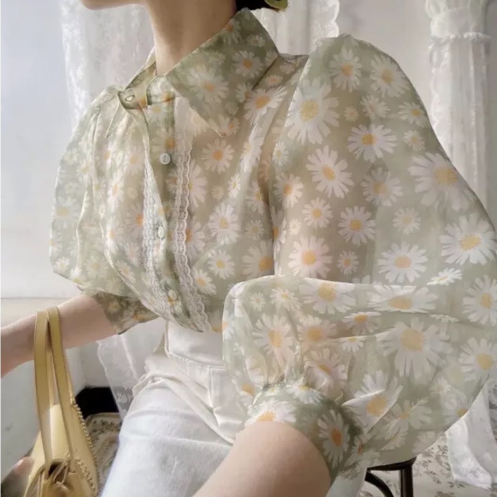 Floral Sheer Blouse with Puff Sleeves